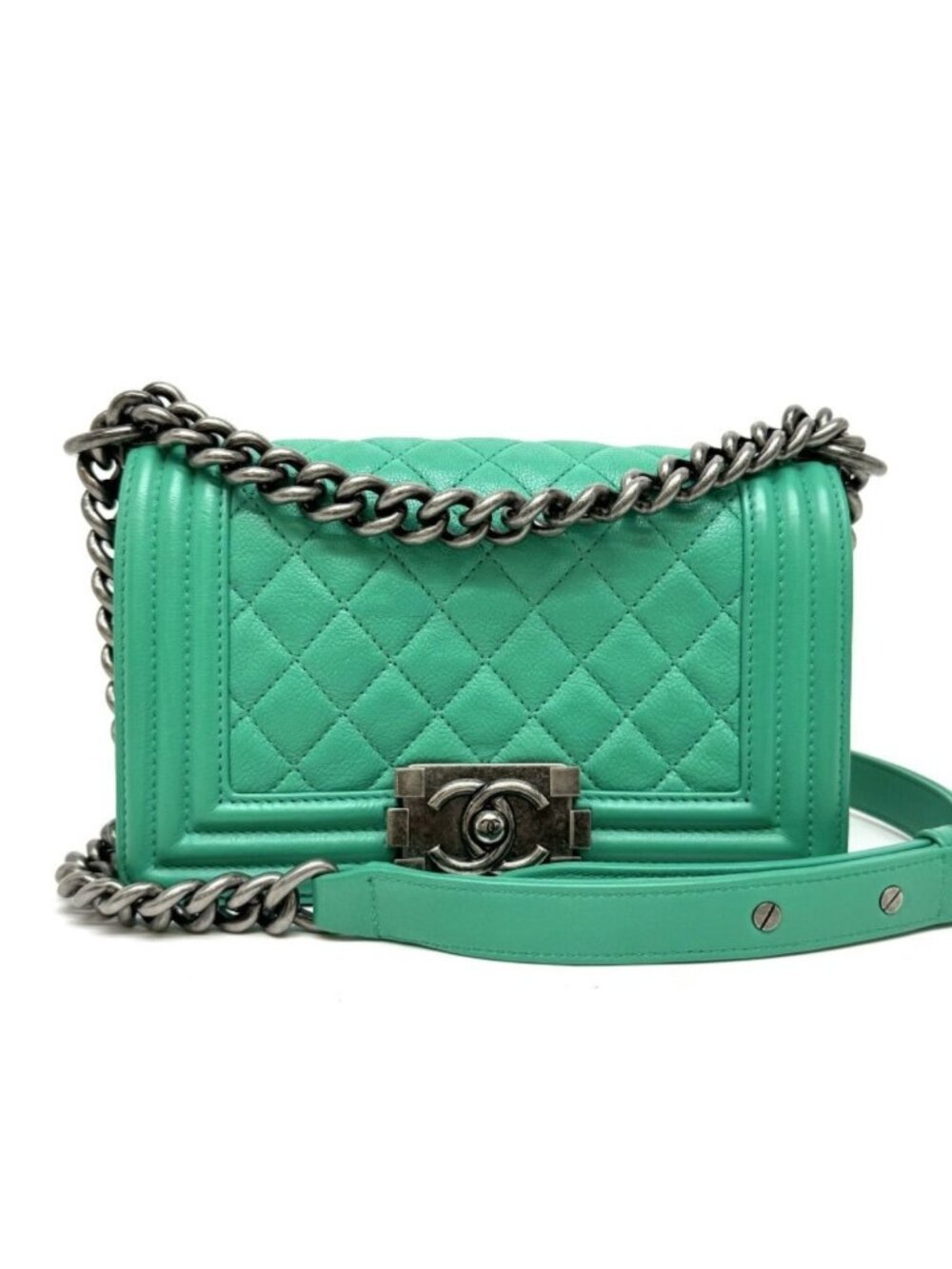 Chanel Boy Shoulder Bag Calfskin Green Silver Chain Bag Double CC Logo Quilted